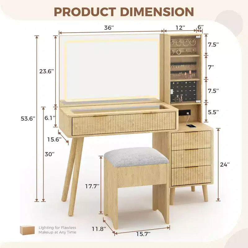 48" Fluted Makeup Vanity Desk with Mirror & LED Lights, Charging Station, Cushioned Storage Stool for Bedroom