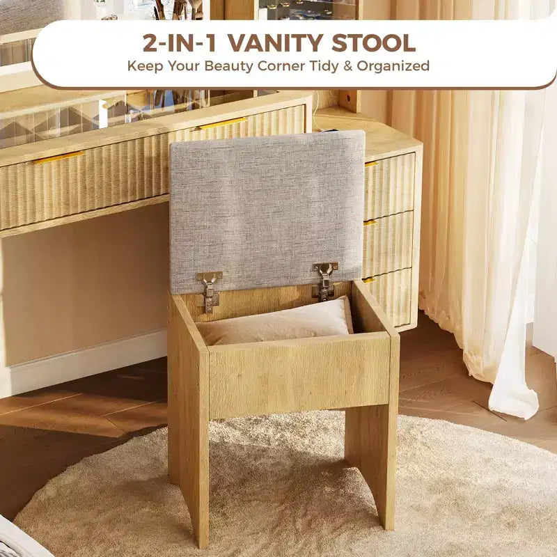 48" Fluted Makeup Vanity Desk with Mirror & LED Lights, Charging Station, Cushioned Storage Stool for Bedroom