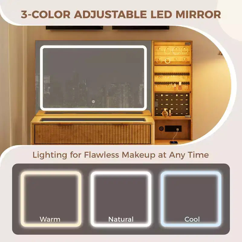 48" Fluted Makeup Vanity Desk with Mirror & LED Lights, Charging Station, Cushioned Storage Stool for Bedroom