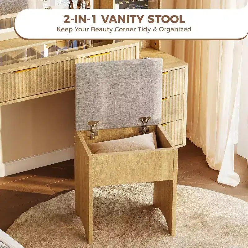 48" Fluted Makeup Vanity Desk with Mirror & LED Lights, Charging Station, Cushioned Storage Stool for Bedroom