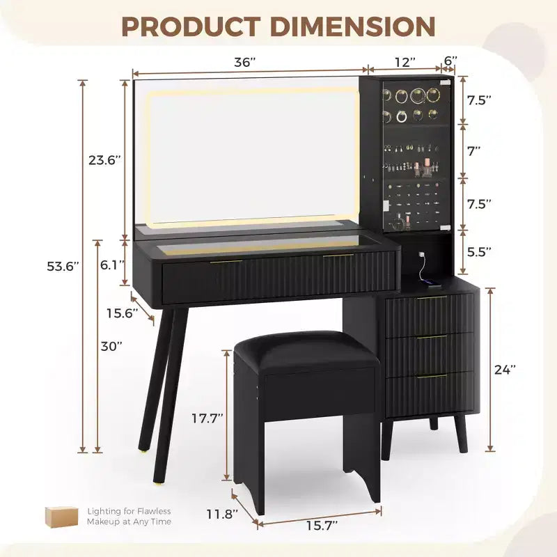 48" Fluted Makeup Vanity Desk with Mirror & LED Lights, Charging Station, Cushioned Storage Stool for Bedroom