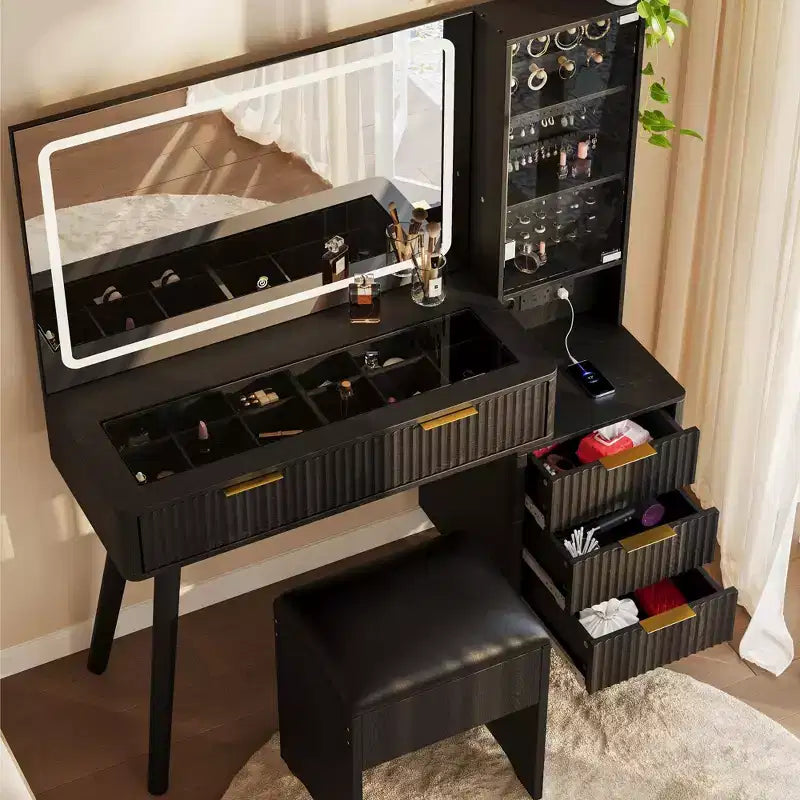 48" Fluted Makeup Vanity Desk with Mirror & LED Lights, Charging Station, Cushioned Storage Stool for Bedroom