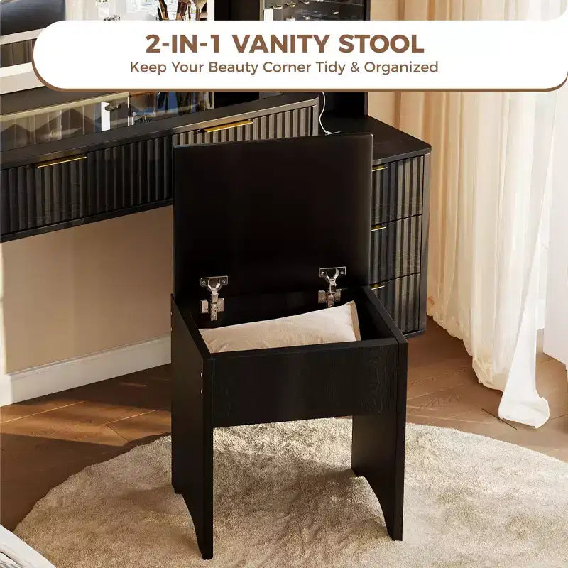 48" Fluted Makeup Vanity Desk with Mirror & LED Lights, Charging Station, Cushioned Storage Stool for Bedroom