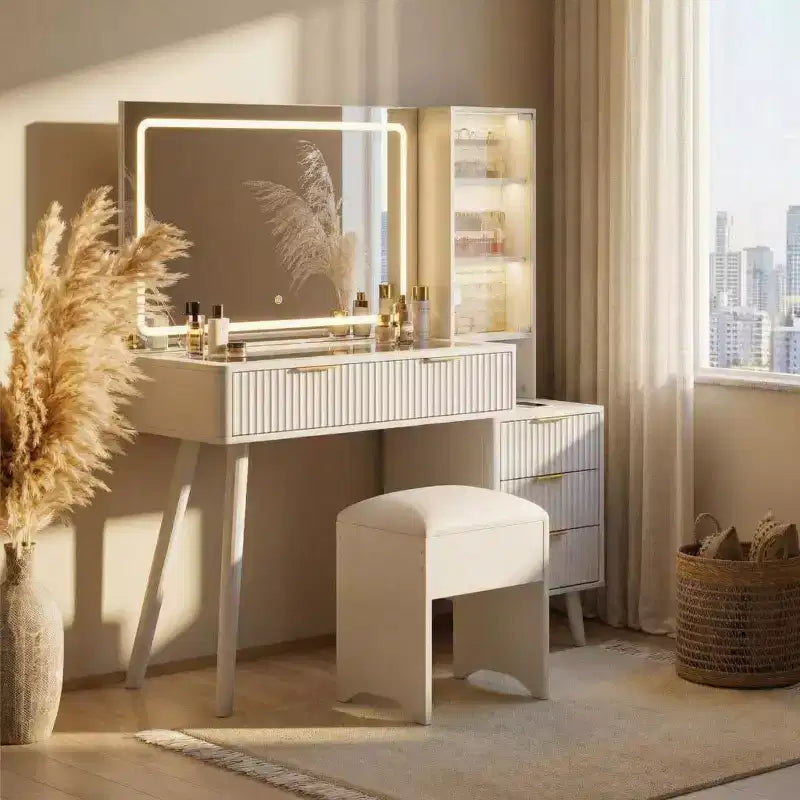 48" Fluted Makeup Vanity Desk with Mirror & LED Lights, Charging Station, Cushioned Storage Stool for Bedroom