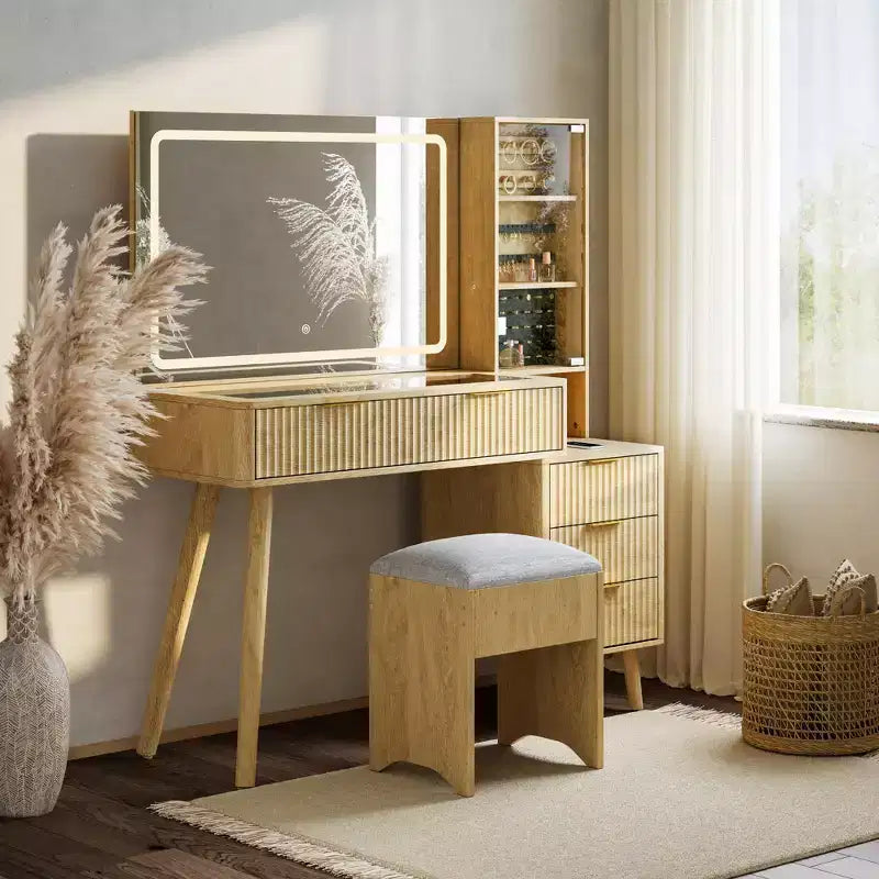48" Fluted Makeup Vanity Desk with Mirror & LED Lights, Charging Station, Cushioned Storage Stool for Bedroom