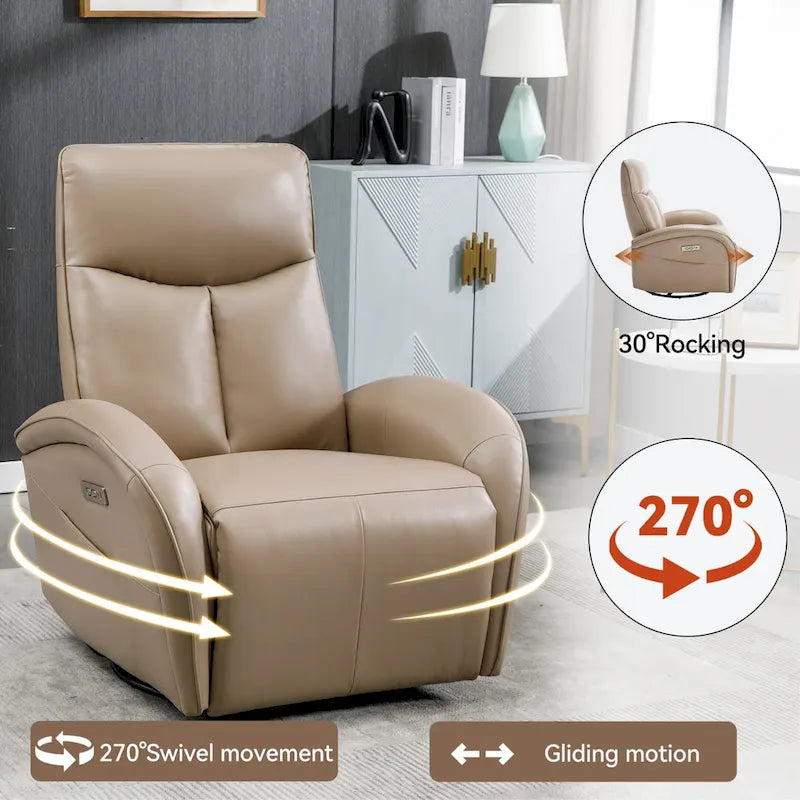 Fauteuil inclinable électrique pivotant et à bascule en similicuir avec soutien lombaire, pivotement maximal de 270 degrés, ports USB et Type-C