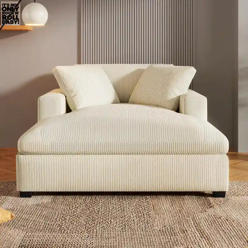 Chaise longue beige de 53,5 po avec pieds en bois massif et coussins confortables