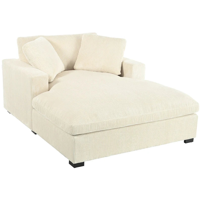 Chaise longue beige de 53,5 po avec pieds en bois massif et coussins confortables