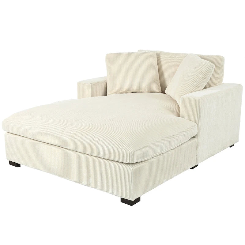 Chaise longue beige de 53,5 po avec pieds en bois massif et coussins confortables