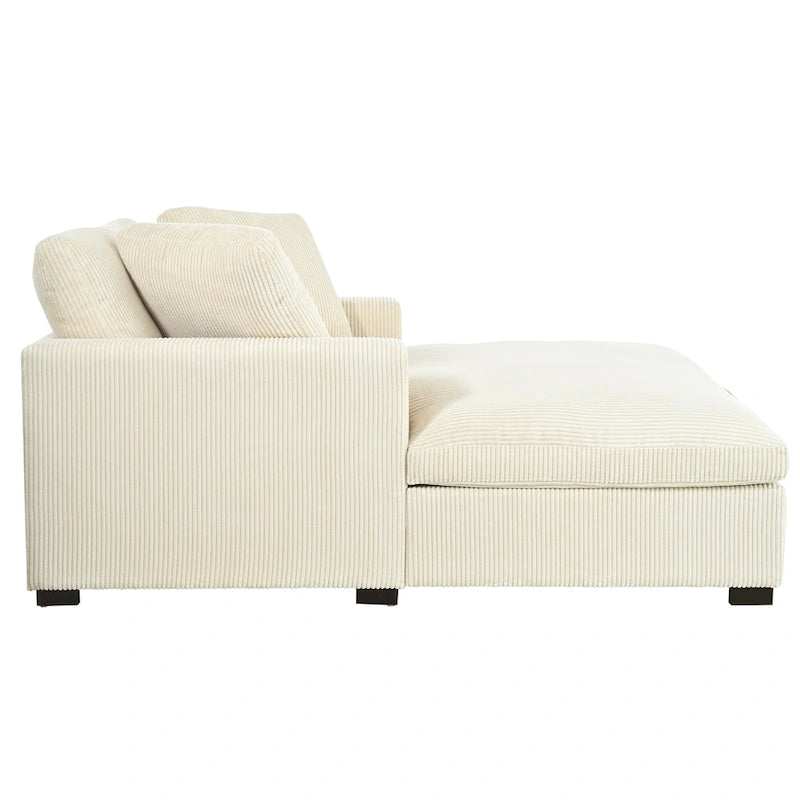 Chaise longue beige de 53,5 po avec pieds en bois massif et coussins confortables