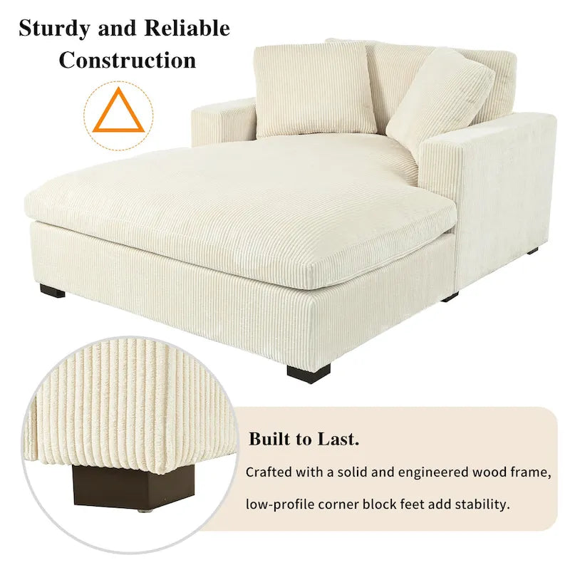 Chaise longue beige de 53,5 po avec pieds en bois massif et coussins confortables