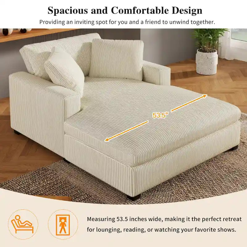 Chaise longue beige de 53,5 po avec pieds en bois massif et coussins confortables