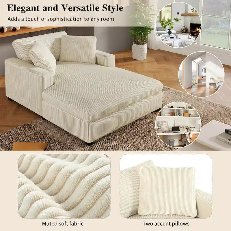 Chaise longue beige de 53,5 po avec pieds en bois massif et coussins confortables