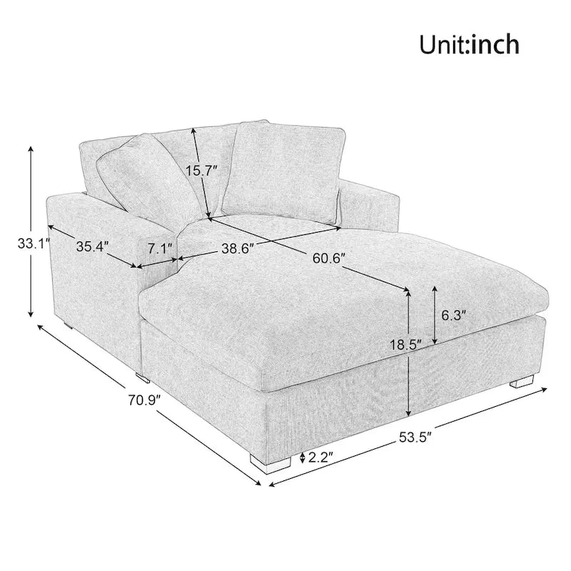 Chaise longue beige de 53,5 po avec pieds en bois massif et coussins confortables