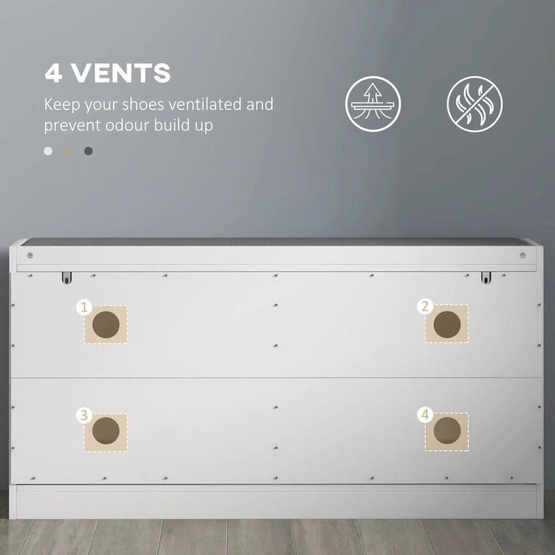 Banc d'entrée avec 2 tiroirs basculants, un coussin d'assise et 2 aérations, pour 8 paires de chaussures, pour couloir