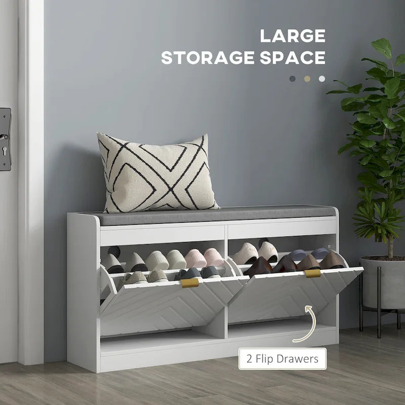 Banc d'entrée avec 2 tiroirs basculants, un coussin d'assise et 2 aérations, pour 8 paires de chaussures, pour couloir