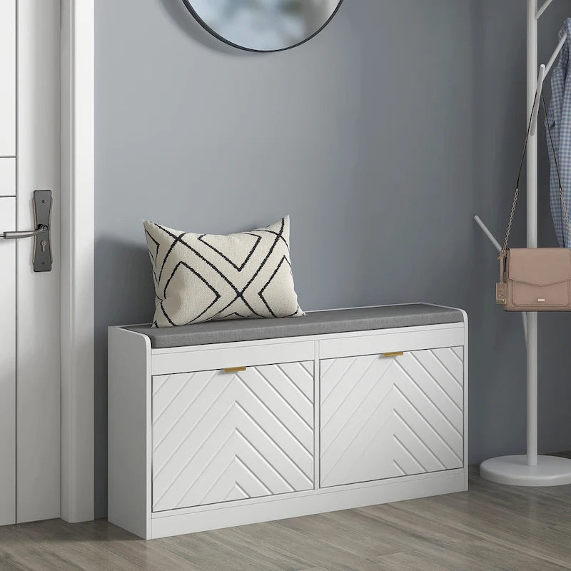 Banc d'entrée avec 2 tiroirs basculants, un coussin d'assise et 2 aérations, pour 8 paires de chaussures, pour couloir
