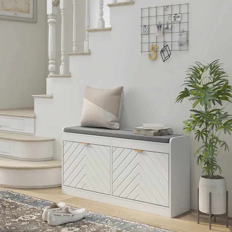 Banc d'entrée avec 2 tiroirs basculants, un coussin d'assise et 2 aérations, pour 8 paires de chaussures, pour couloir