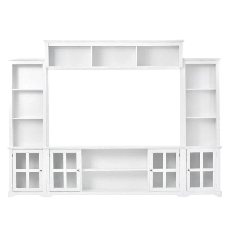 Meuble TV mural blanc avec pont et porte en verre trempé pour téléviseurs 70 po