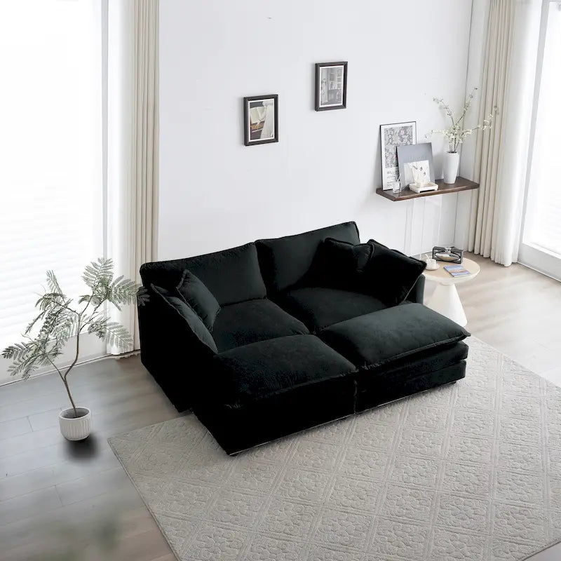 Canapé sectionnel modulaire en chenille noire 4 pièces avec causeuse et poufs