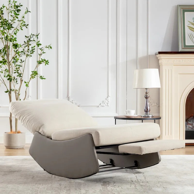 Fauteuil inclinable à bascule en velours côtelé avec repose-pieds et pied en cuir PU