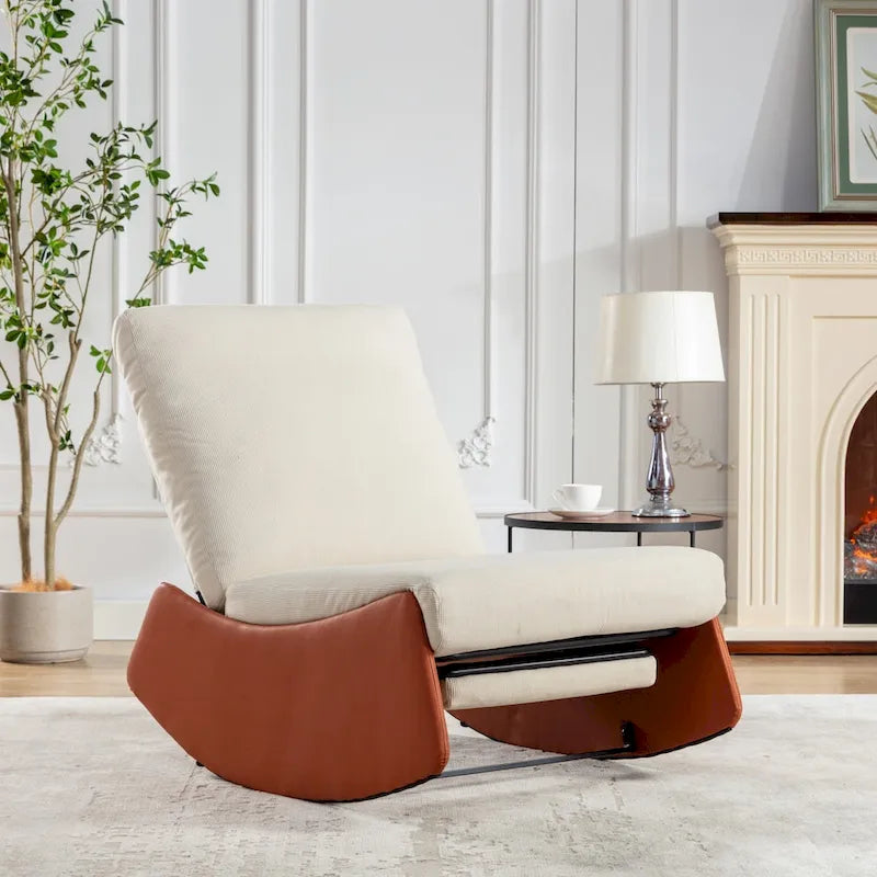 Fauteuil inclinable à bascule en velours côtelé avec repose-pieds et pied en cuir PU