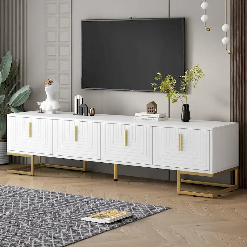 Meuble TV 70,8" Blanc+Or avec poignées et placards dorés pour téléviseurs 80"