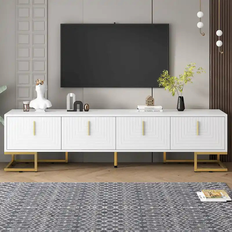 Meuble TV 70,8" Blanc+Or avec poignées et placards dorés pour téléviseurs 80"