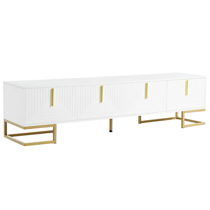 Meuble TV 70,8" Blanc+Or avec poignées et placards dorés pour téléviseurs 80"