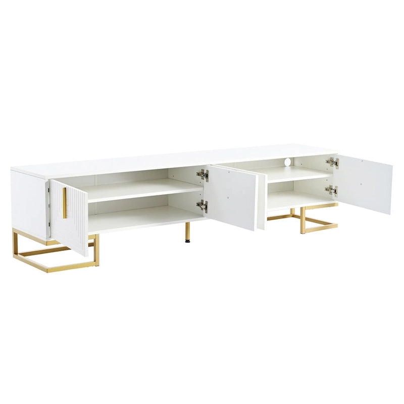 Meuble TV 70,8" Blanc+Or avec poignées et placards dorés pour téléviseurs 80"