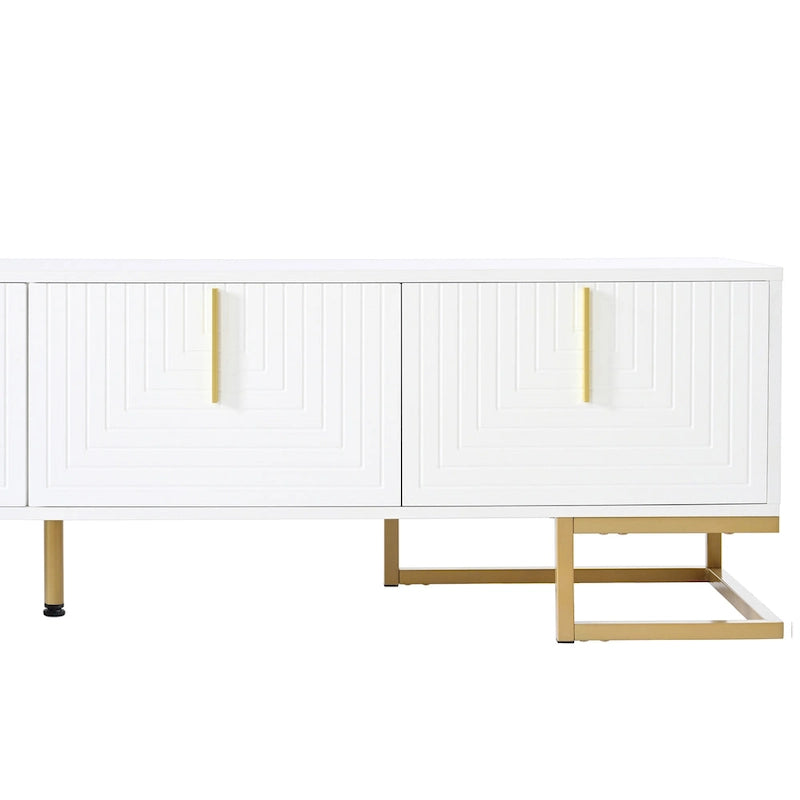 Meuble TV 70,8" Blanc+Or avec poignées et placards dorés pour téléviseurs 80"