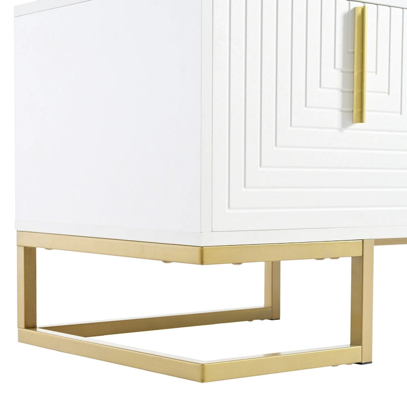 Meuble TV 70,8" Blanc+Or avec poignées et placards dorés pour téléviseurs 80"