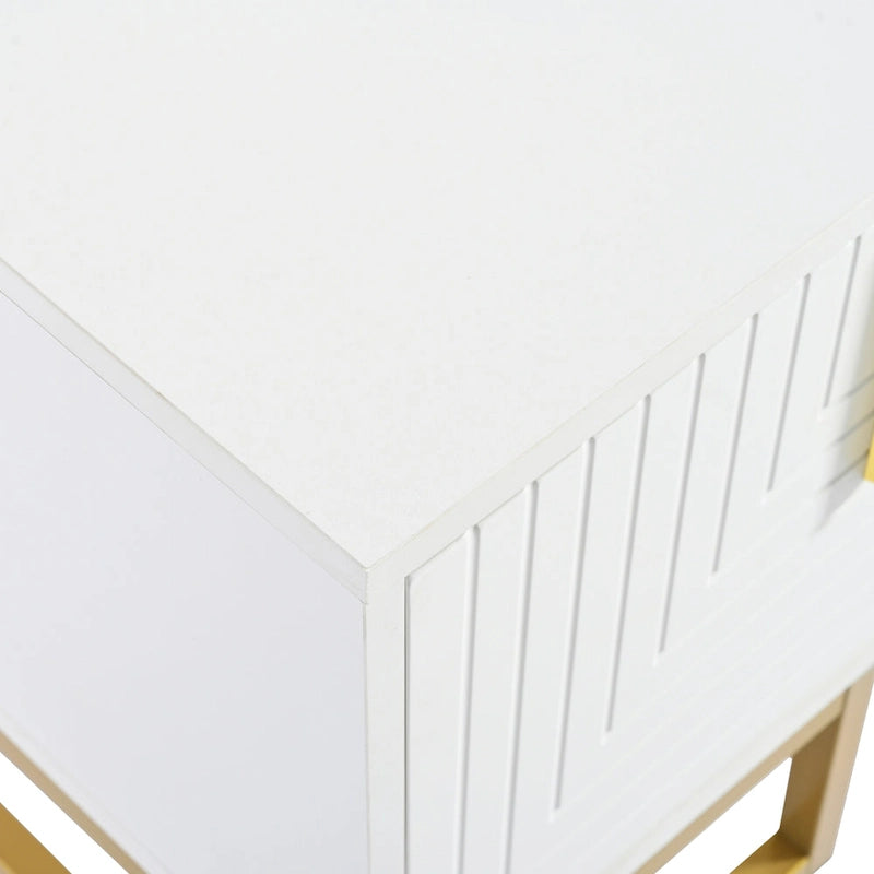 Meuble TV 70,8" Blanc+Or avec poignées et placards dorés pour téléviseurs 80"