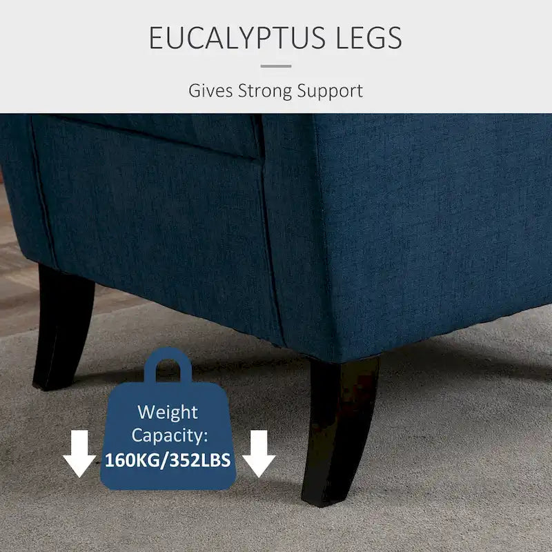 Fauteuil d'appoint capitonné avec haut dossier à oreilles, accoudoirs arrondis et rembourrés et siège épais rembourré, Bleu