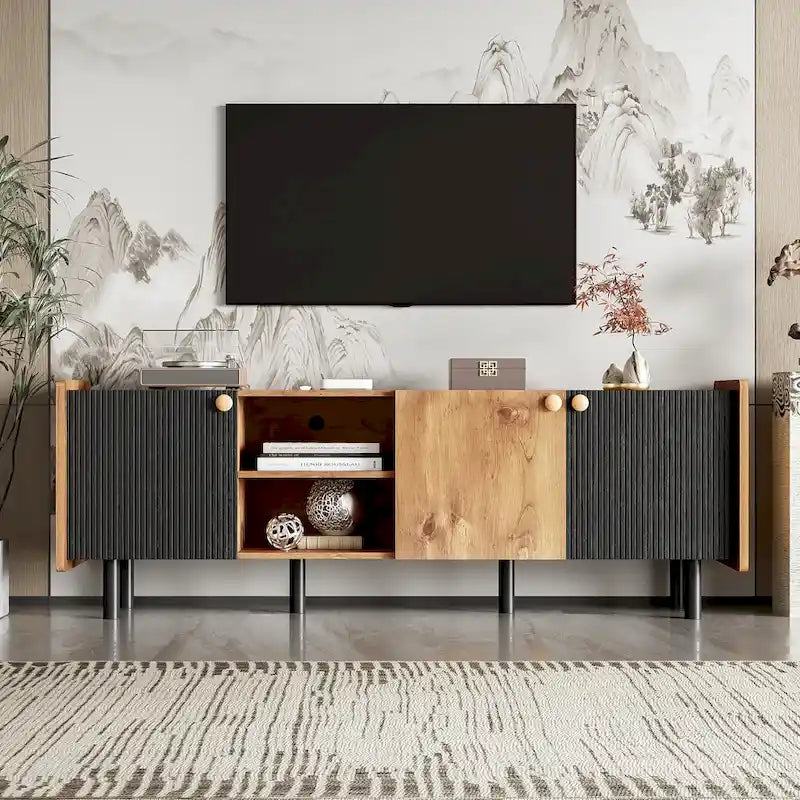 Meuble TV Mid-century avec 3 placards, table console média pour TV jusqu'à 70", centre de divertissement avec rangement