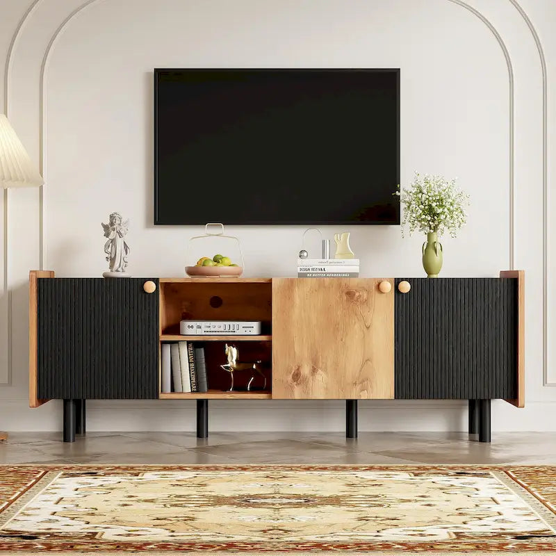 Meuble TV Mid-century avec 3 placards, table console média pour TV jusqu'à 70", centre de divertissement avec rangement