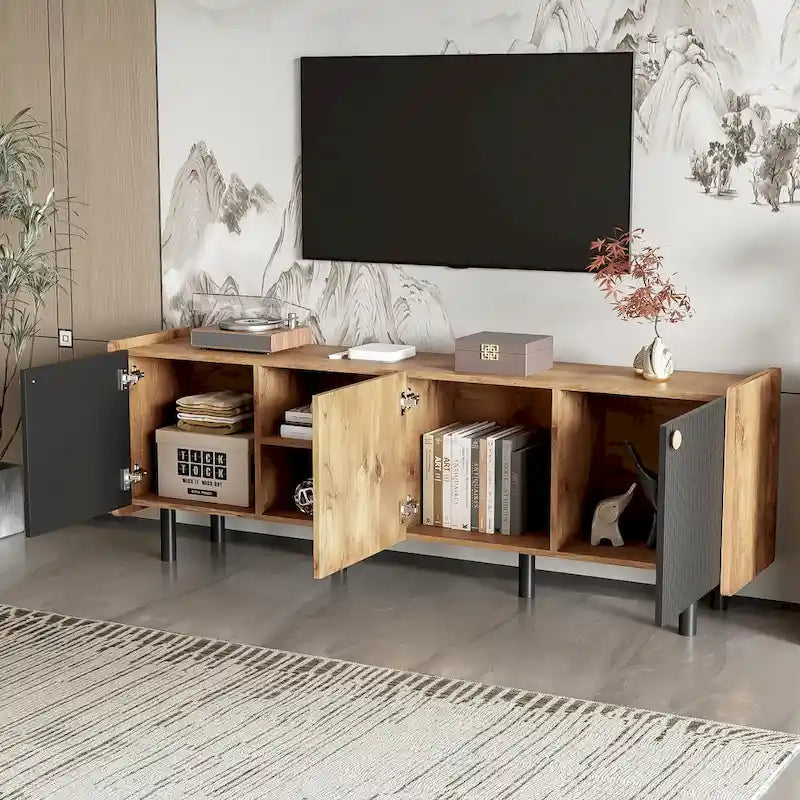 Meuble TV Mid-century avec 3 placards, table console média pour TV jusqu'à 70", centre de divertissement avec rangement