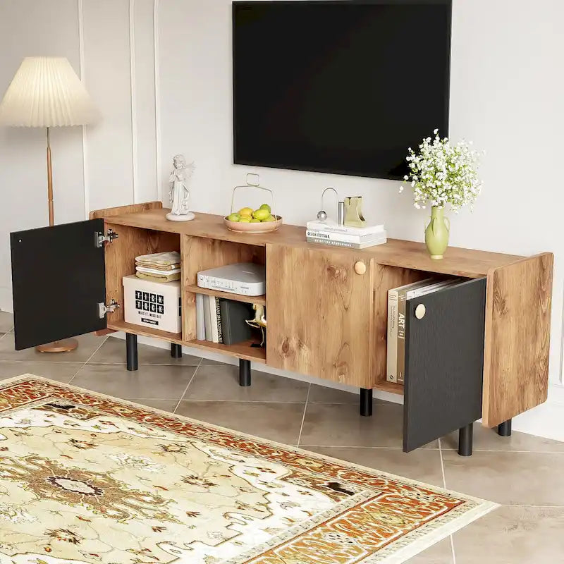 Meuble TV Mid-century avec 3 placards, table console média pour TV jusqu'à 70", centre de divertissement avec rangement