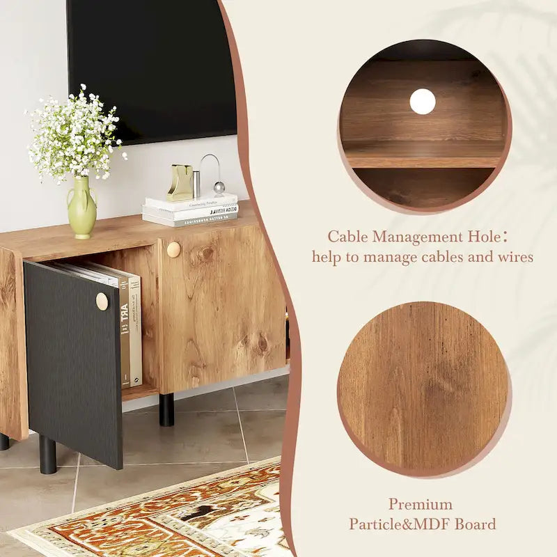 Meuble TV Mid-century avec 3 placards, table console média pour TV jusqu'à 70", centre de divertissement avec rangement