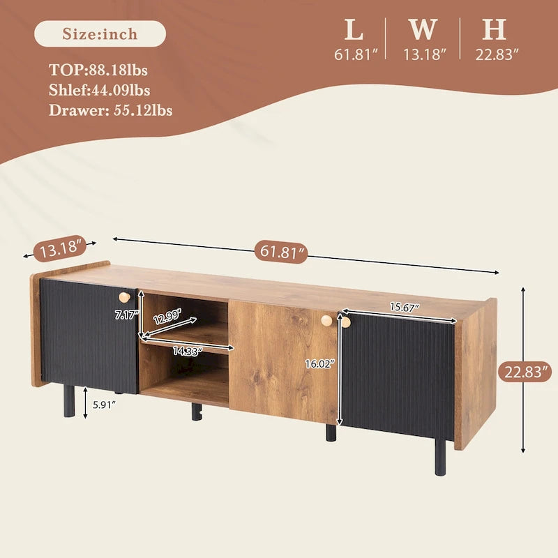 Meuble TV Mid-century avec 3 placards, table console média pour TV jusqu'à 70", centre de divertissement avec rangement