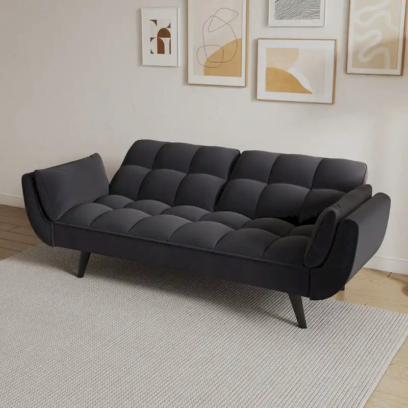 Canapé convertible 2 places noir 57 avec dossier réglable, oreillers