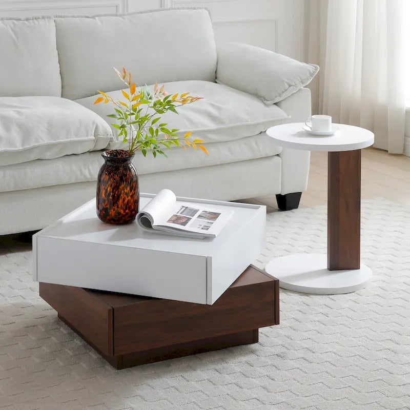 Table basse 2 pièces,Table rotative avec 2 tiroirs,Table basse haute en bois à 2 niveaux avec rangement,Table carrée avec plateau pivotant