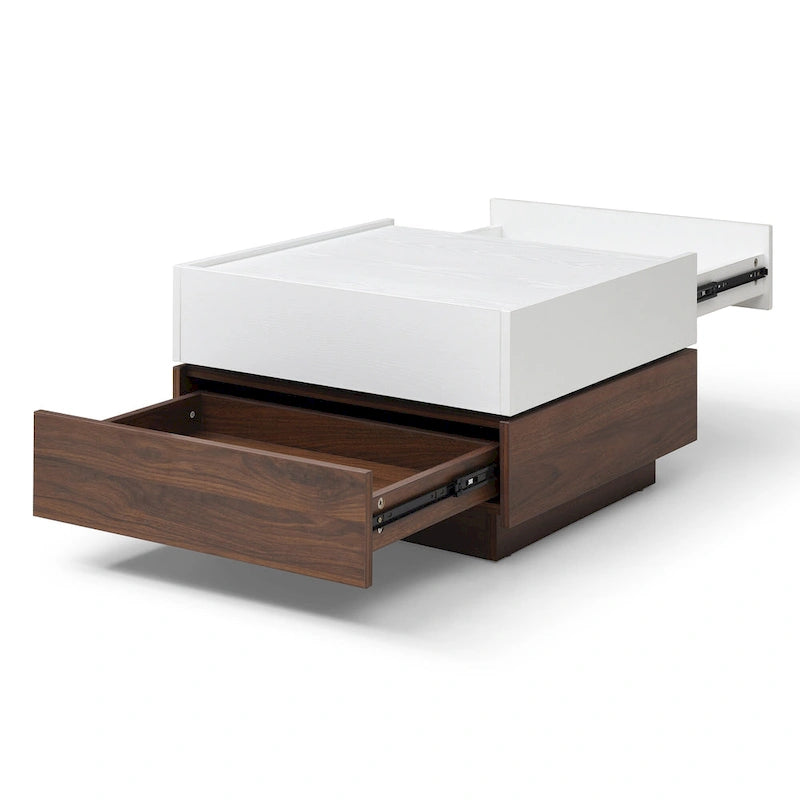 Table basse 2 pièces,Table rotative avec 2 tiroirs,Table basse haute en bois à 2 niveaux avec rangement,Table carrée avec plateau pivotant