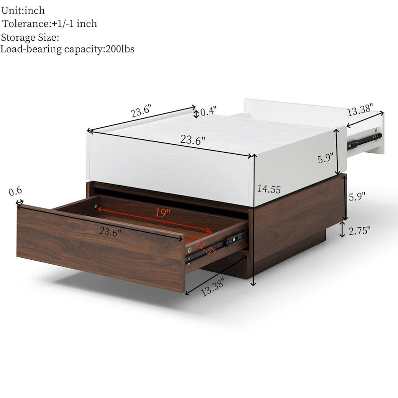 Table basse 2 pièces,Table rotative avec 2 tiroirs,Table basse haute en bois à 2 niveaux avec rangement,Table carrée avec plateau pivotant