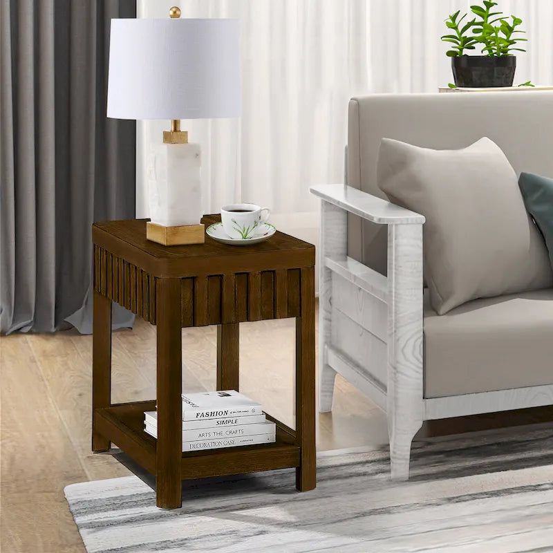 Table d'appoint de ferme rectangulaire de 25 pouces avec étagère de rangement, table d'appoint de canapé avec pieds en bois massif pour salon, chambre, bureau