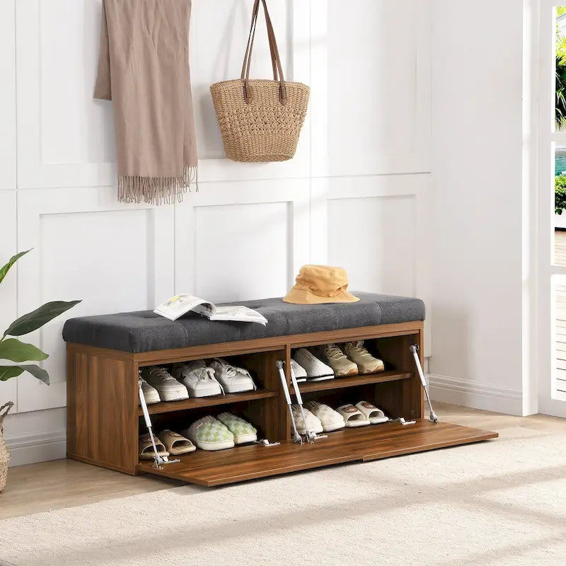 Banc de rangement pour chaussures d'entrée 49 po avec portes doubles et coussin rembourré, Pouf peu encombrant