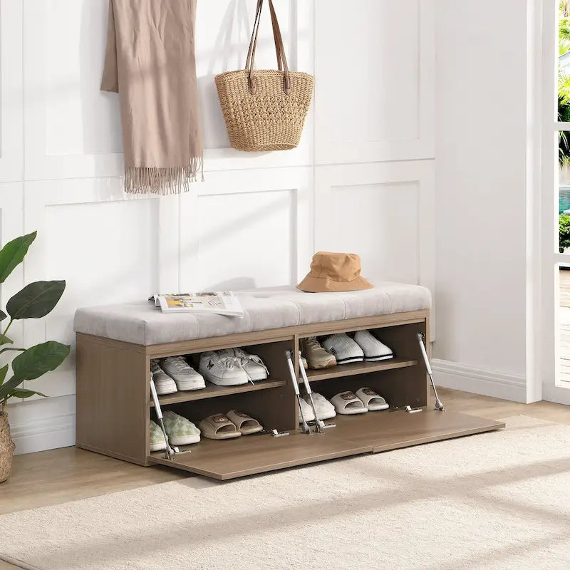 Banc de rangement pour chaussures d'entrée 49 po avec portes doubles et coussin rembourré, Pouf peu encombrant