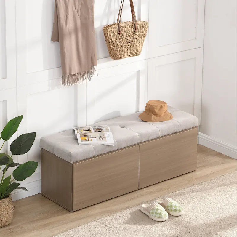 Banc de rangement pour chaussures d'entrée 49 po avec portes doubles et coussin rembourré, Pouf peu encombrant