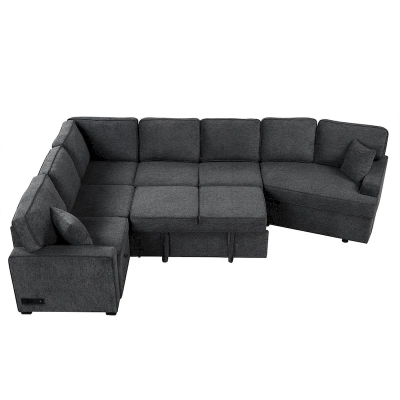 Canapé d'angle en forme de L 126" Canapé convertible avec chargeurs et porte-gobelets pour salon, Beige