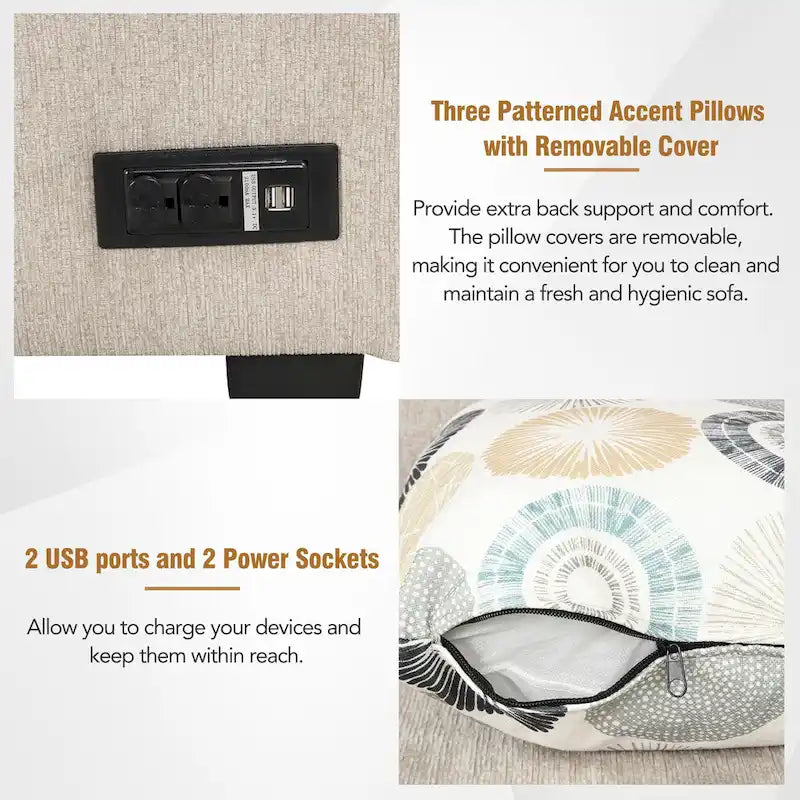 Canapé-lit d'angle convertible moderne avec 2 ports USB, 2 prises de courant et 3 oreillers